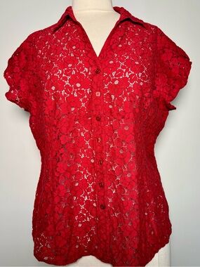 Emma James Red Floral Lace Button Down Shirt